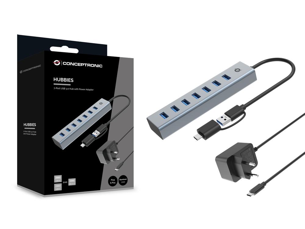 HUB USB 3.0 CONCEPTRONIC HUBBIES21GP 7 PUERTOS USB-C A 7XUSB-A CON ALIMENTADOR