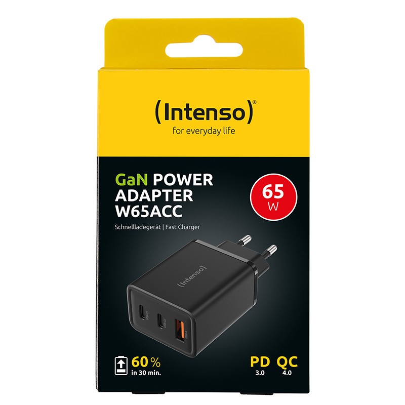 CARGADOR DE PARED INTENSO GAN W65ACC 2X USB TIPO C 1X USB TIPO A NEGRO 65W