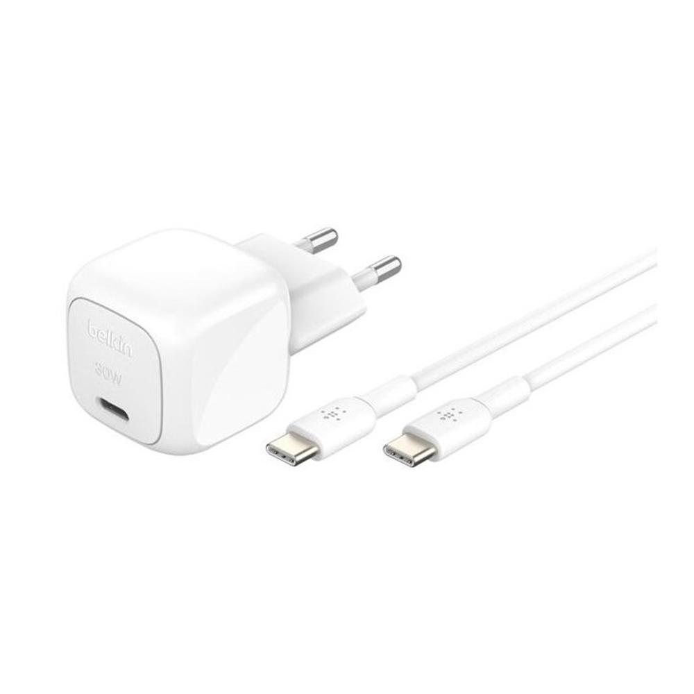 CARGADOR DE PARED BELKIN WCA008KQ1MWH-B6 30W USB TIPO C + CABLE USB TIPO C BLANCO