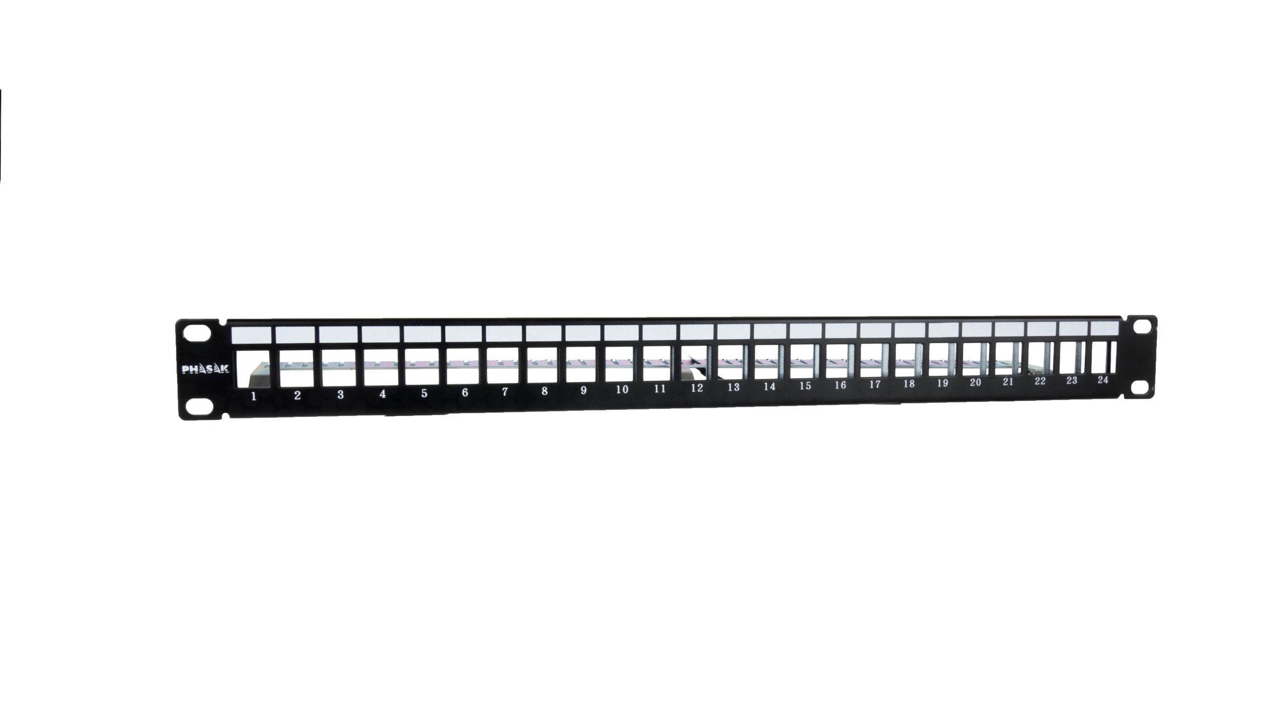 PANEL FRONTAL ARMARIO RACK 19" PHASAK PARA 24 CONECTORES 1U CON ORG. DE CABLES FTP NEGRO PA 3524