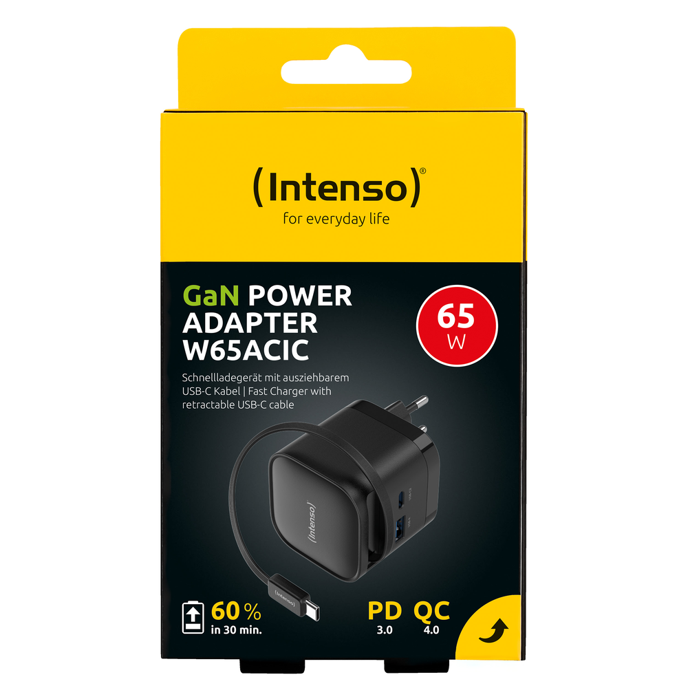 CARGADOR DE PARED INTENSO 65W GAN W65ACIC RETRACTIL NEGRO