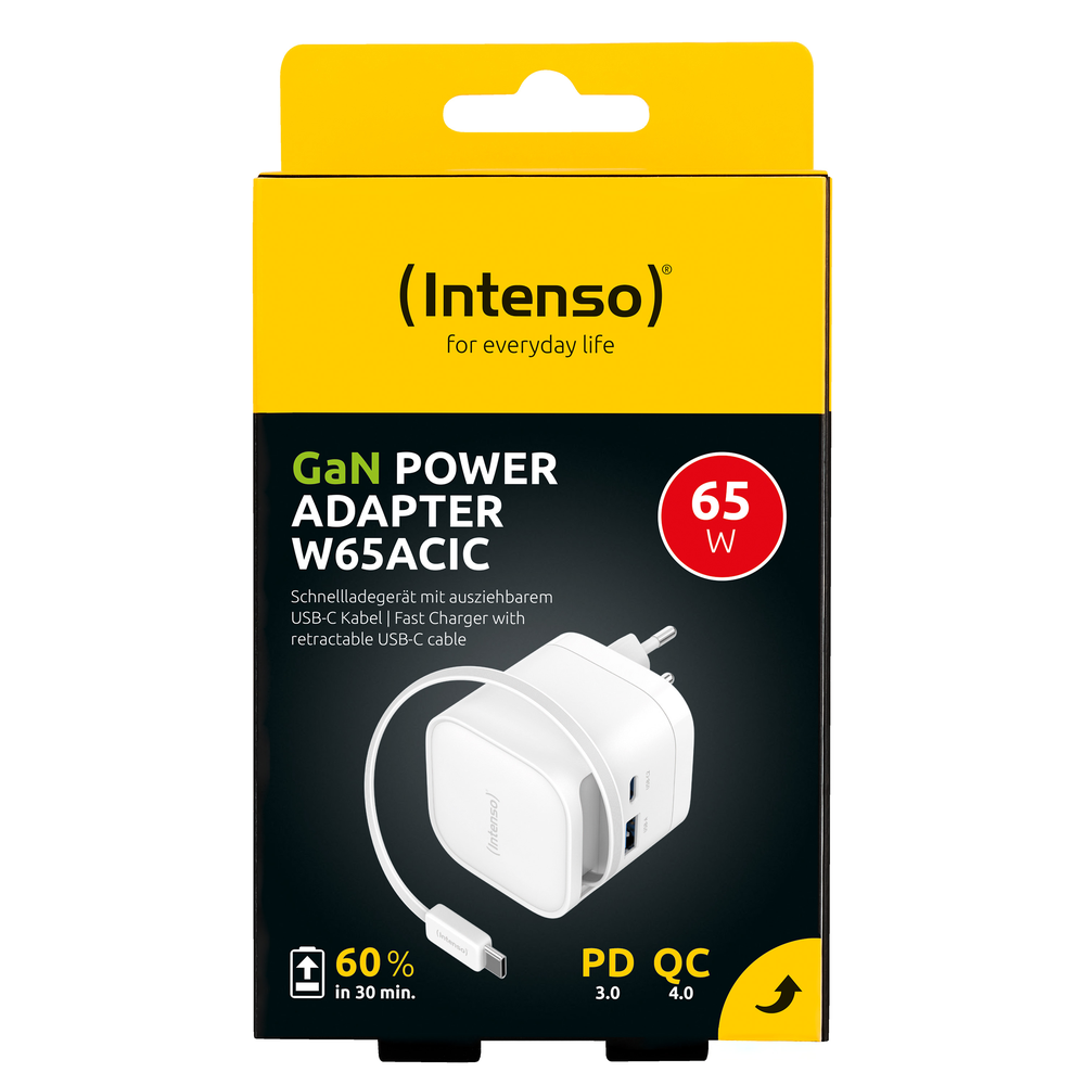 CARGADOR DE PARED INTENSO 65W GAN W65ACIC RETRACTIL BLANCO