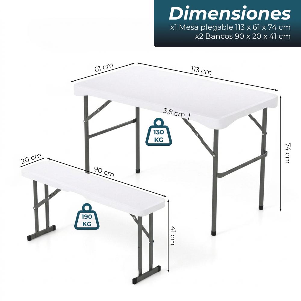 YOEVU - Kit mesa plegable y bancos 113 cm