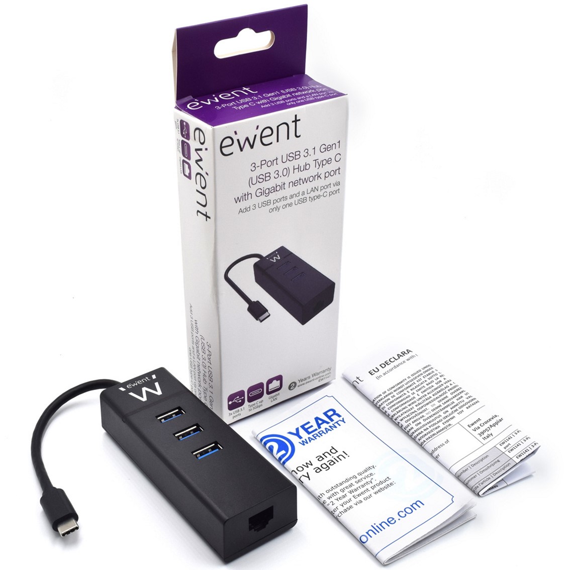 HUB USB EWENT 3 PUERTOS / USB 3.1 GEN1 / PUERTO RJ45 / NEGRO