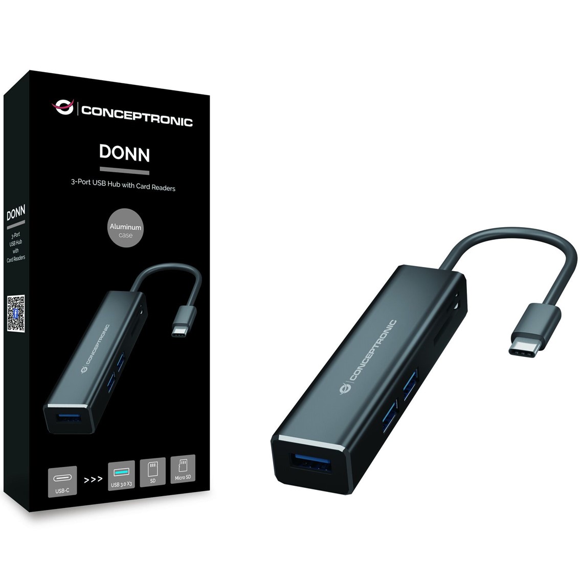 ADAPTADOR CONCEPTRONIC USB TIPO C A HUB USB 3 PUERTOS CON LECTOR DE TARJETAS