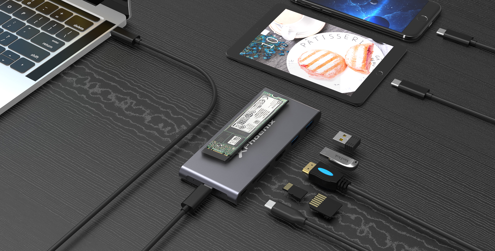 Docking Caja externa Phoenix para disco M.2 con HUB usb tipo C 6 en 1