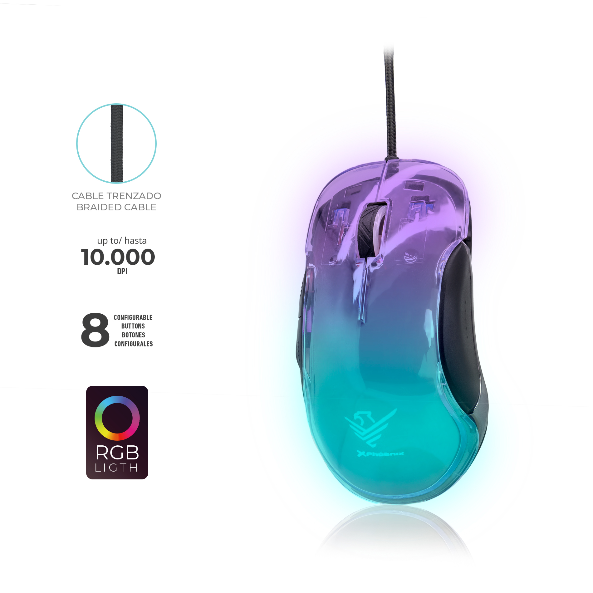 Raton gaming Phoenix Banshee transparente RGB 10000 DPI con cable