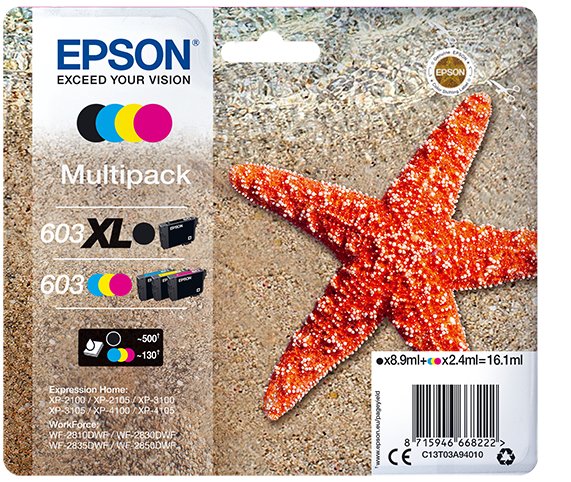 MULTIPACK CARTUCHO TINTA EPSON 603XL C13T03A94010 NEGRO/ CIAN/ AMARILLO/ MAGENTA/ ESTRELLA DE MAR