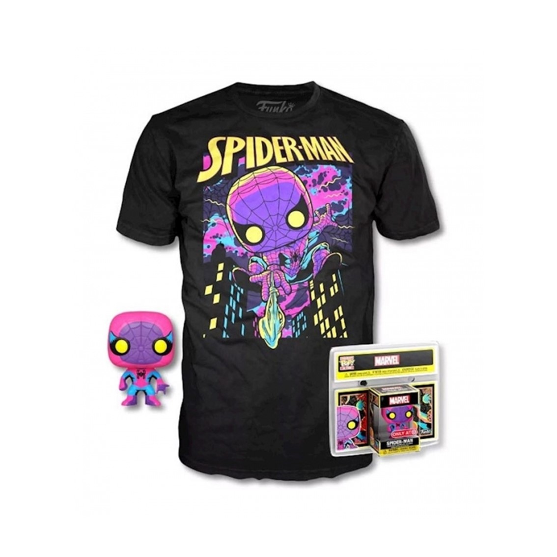 POP & TEE MARVEL SPIDERMAN BLACK LIGHT FUNKO + CAMISETA TALLA XL