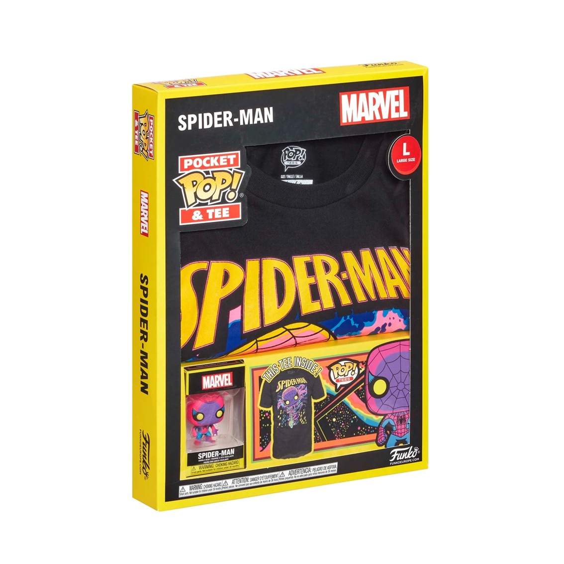 POP & TEE MARVEL SPIDERMAN BLACK LIGHT FUNKO + CAMISETA TALLA XL