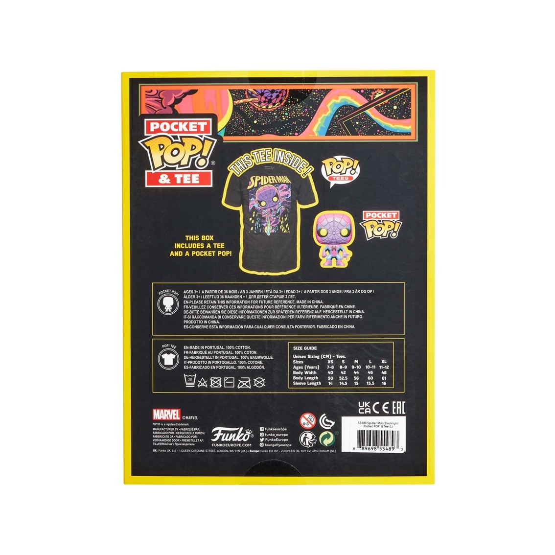 POP & TEE MARVEL SPIDERMAN BLACK LIGHT FUNKO + CAMISETA TALLA L