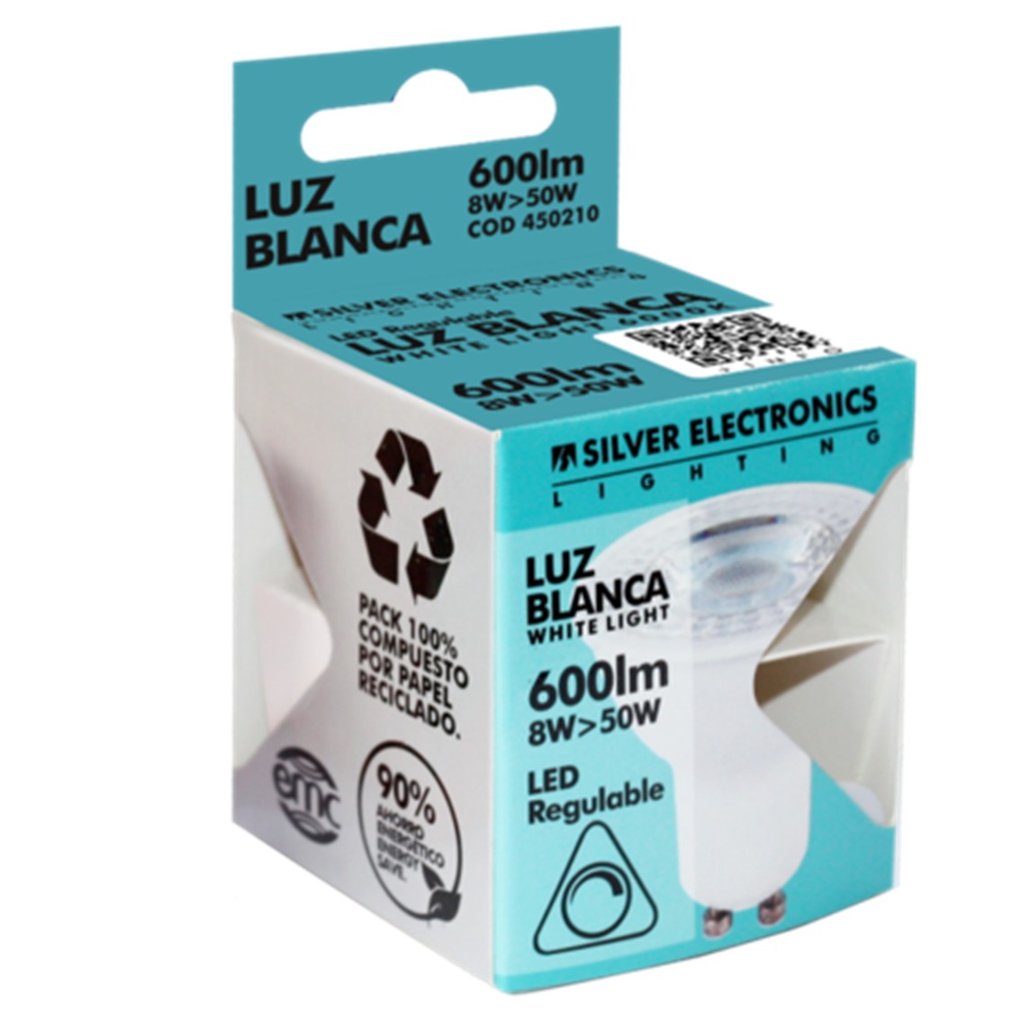 BOMBILLA LED REGULABLE SILVER ELECTRONICS DICROICA 8W=50W/ GU10/ 5000K/ 38º/ 600 lm/ LUZ BLANCA/ A+/ ACABADO GRIS