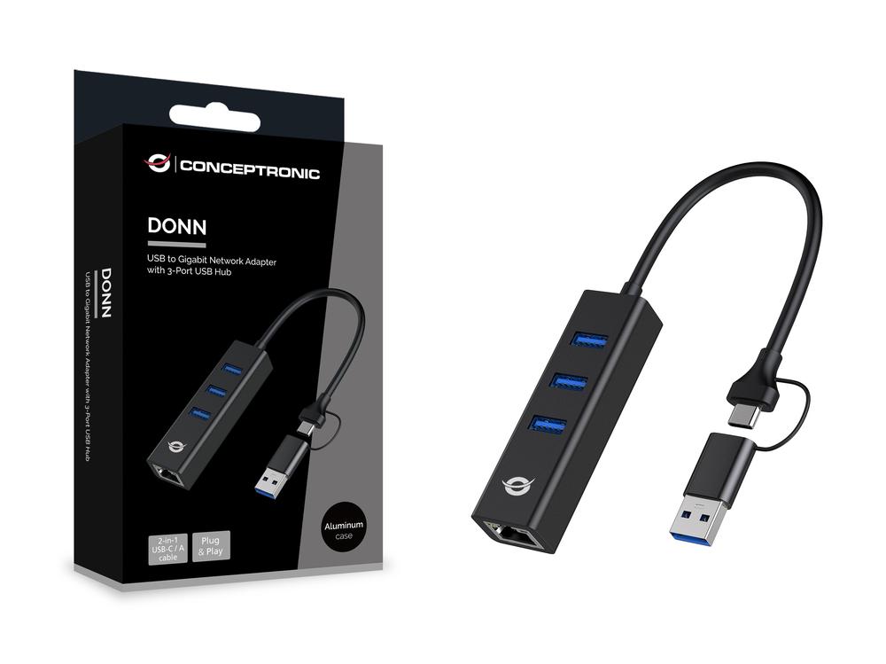 ADAPTADOR CONCEPTRONIC USB A GIGABIT ETHERNET RJ45/ CON HUB USB 3.0 / 3 PUERTOS / ADAPTADOR USB-C