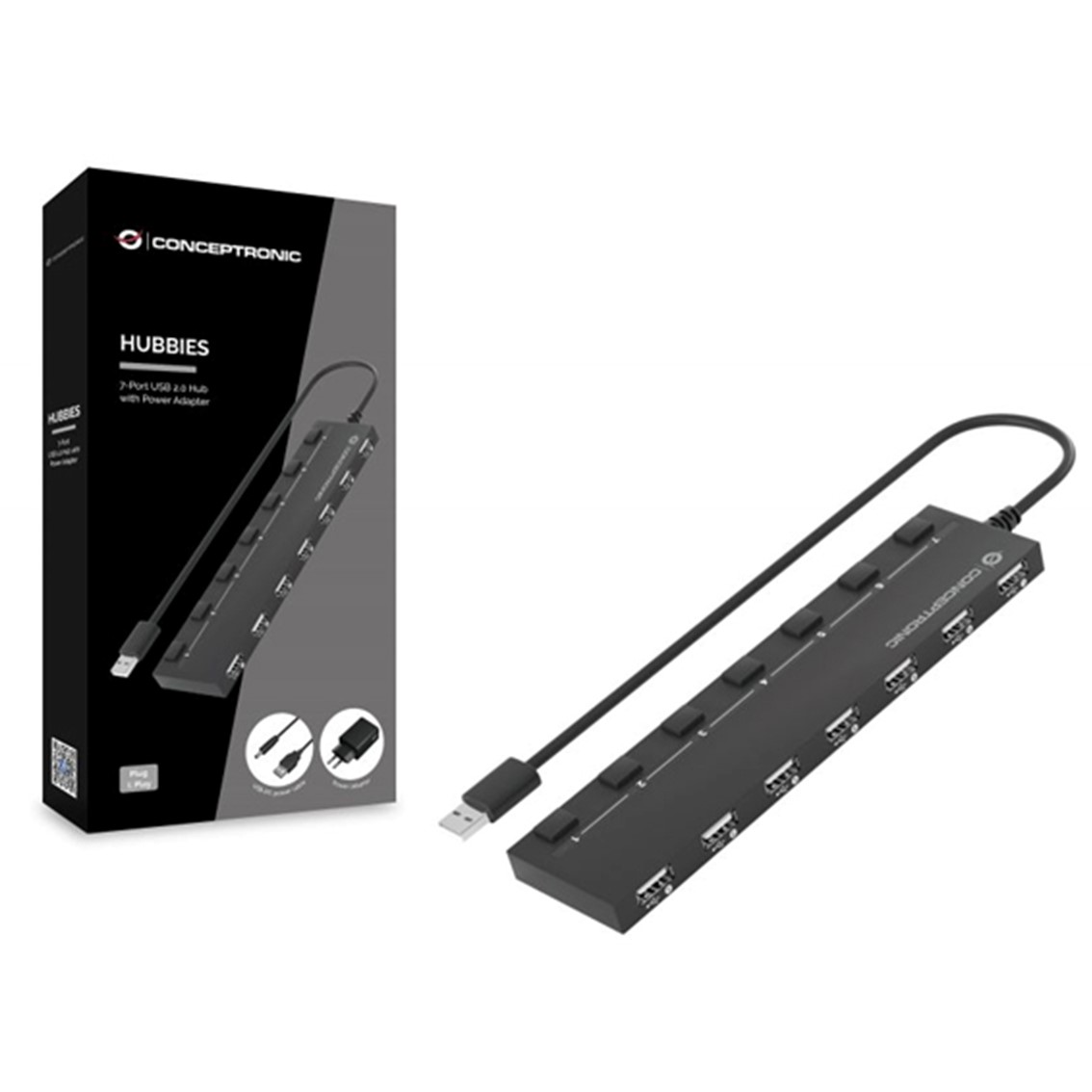 HUB USB 2.0 CONCEPTRONIC HUBBIES08 7 PUERTOS CON INTERRUPTORES CON ALIMENTADOR