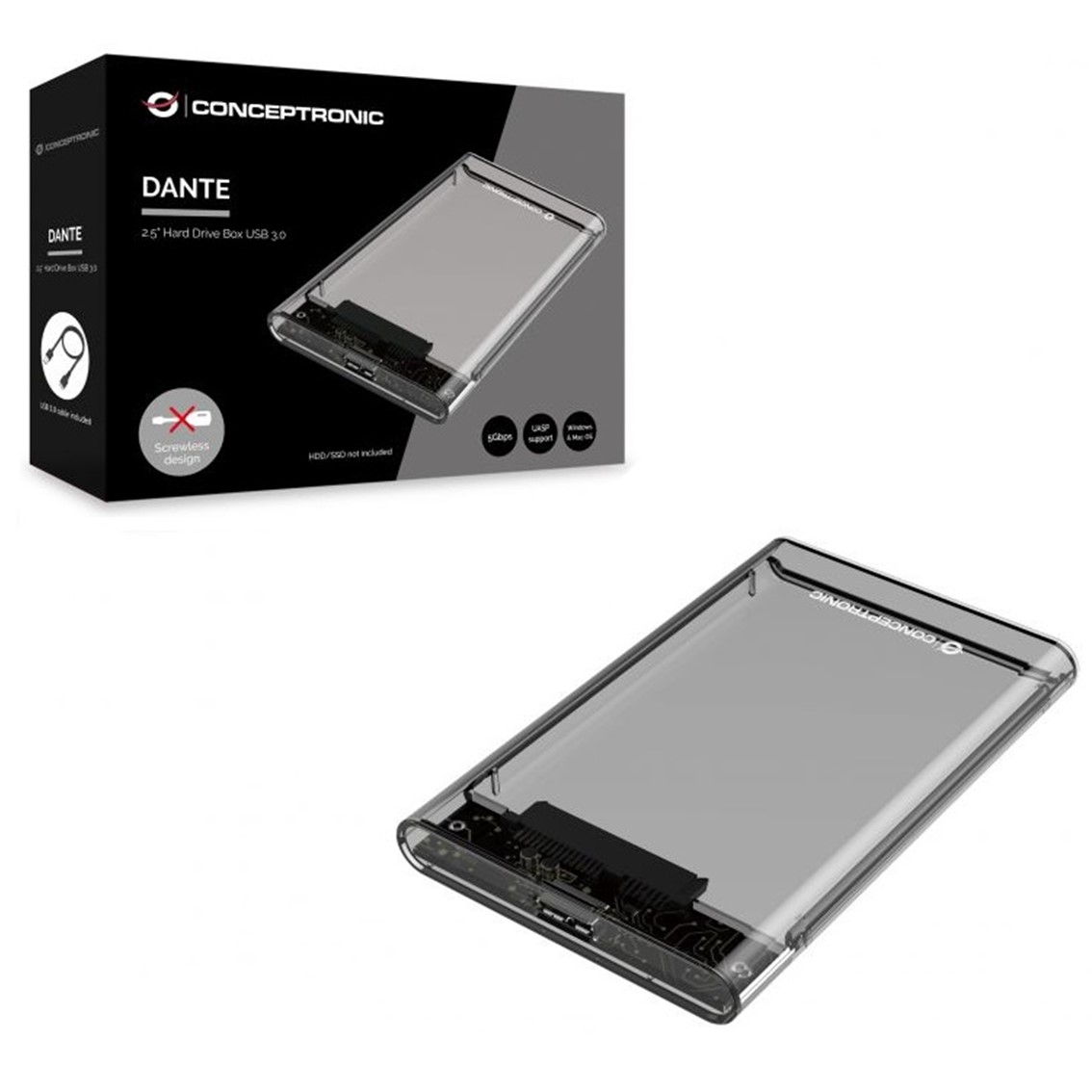CAJA EXTERNA CONCEPTRONIC USB 3.0 SATA TRANSPARENTE SIN TORNILLOS DANTE03T