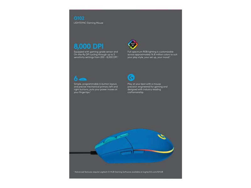 MOUSE RATON LOGITECH G102 LIGHTSYNC AZUL GAMING 8.000 DPI 6 BOTONES