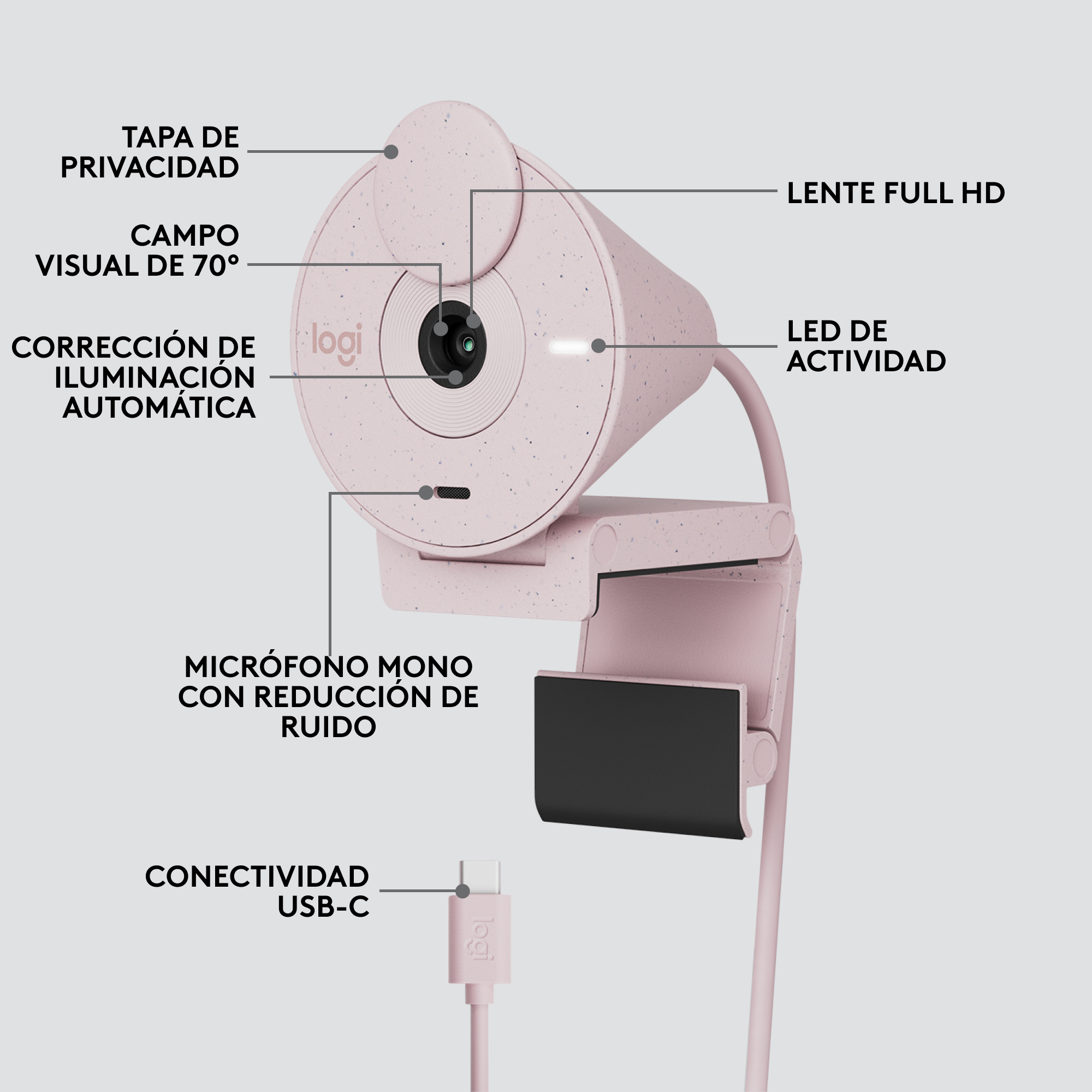WEBCAM LOGITECH BRIO 300 ROSADO FULL HD/ USB TIPO C
