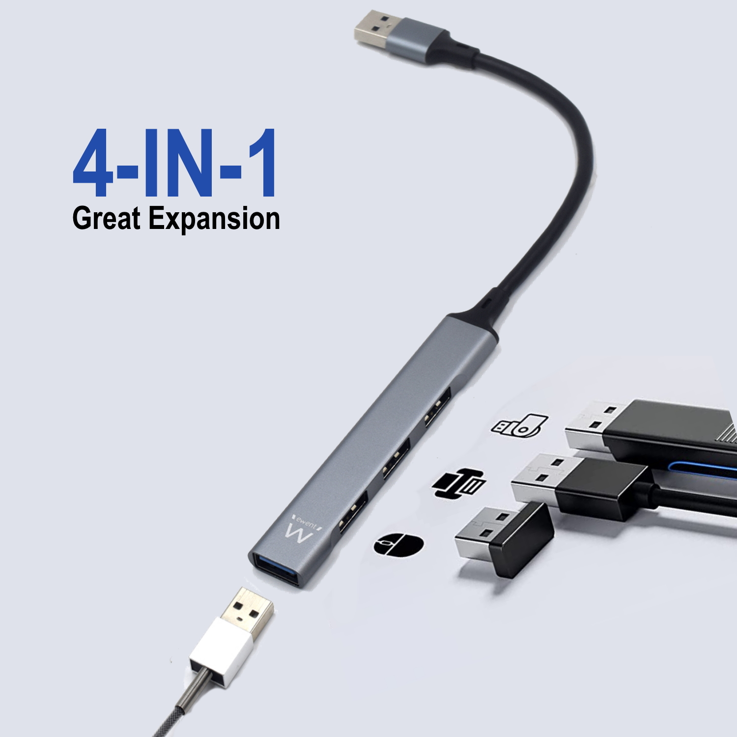 HUB SLIM EWENT 4 PUERTOS USB + ENTRADA Y SALIDA / USB TIPO A