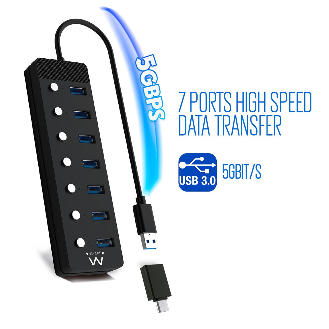 HUB EWENT 7 PUERTOS USB 3.0 + INTERRUPTOR / USB TIPO A + ADAPTADOR USB TIPO C
