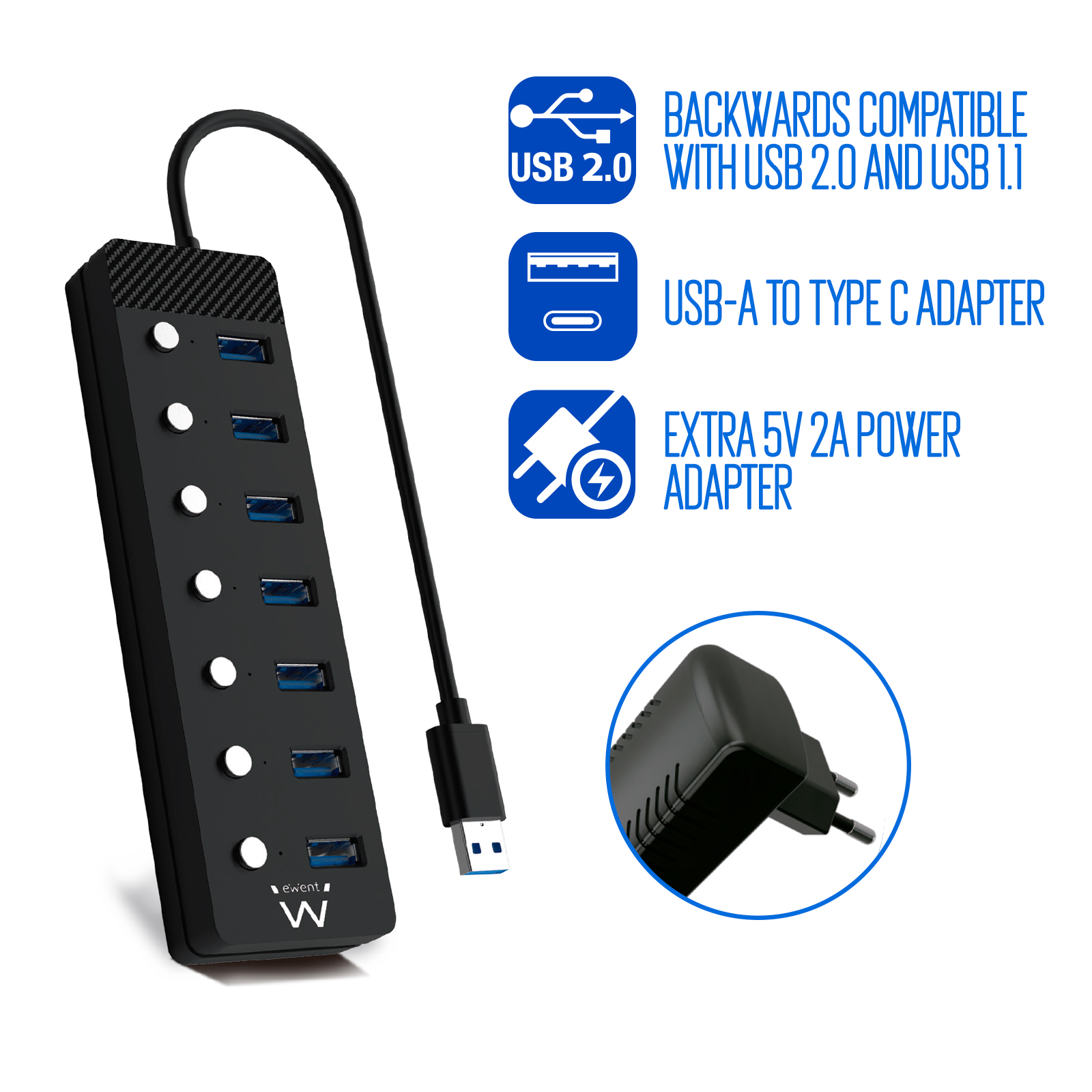 HUB EWENT 7 PUERTOS USB 3.0 + INTERRUPTOR / USB TIPO A + ADAPTADOR USB TIPO C