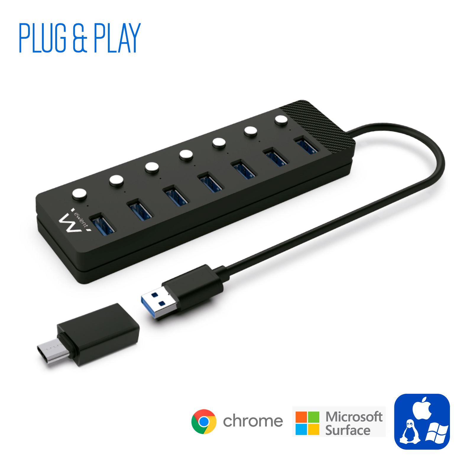 HUB EWENT 7 PUERTOS USB 3.0 + INTERRUPTOR / USB TIPO A + ADAPTADOR USB TIPO C