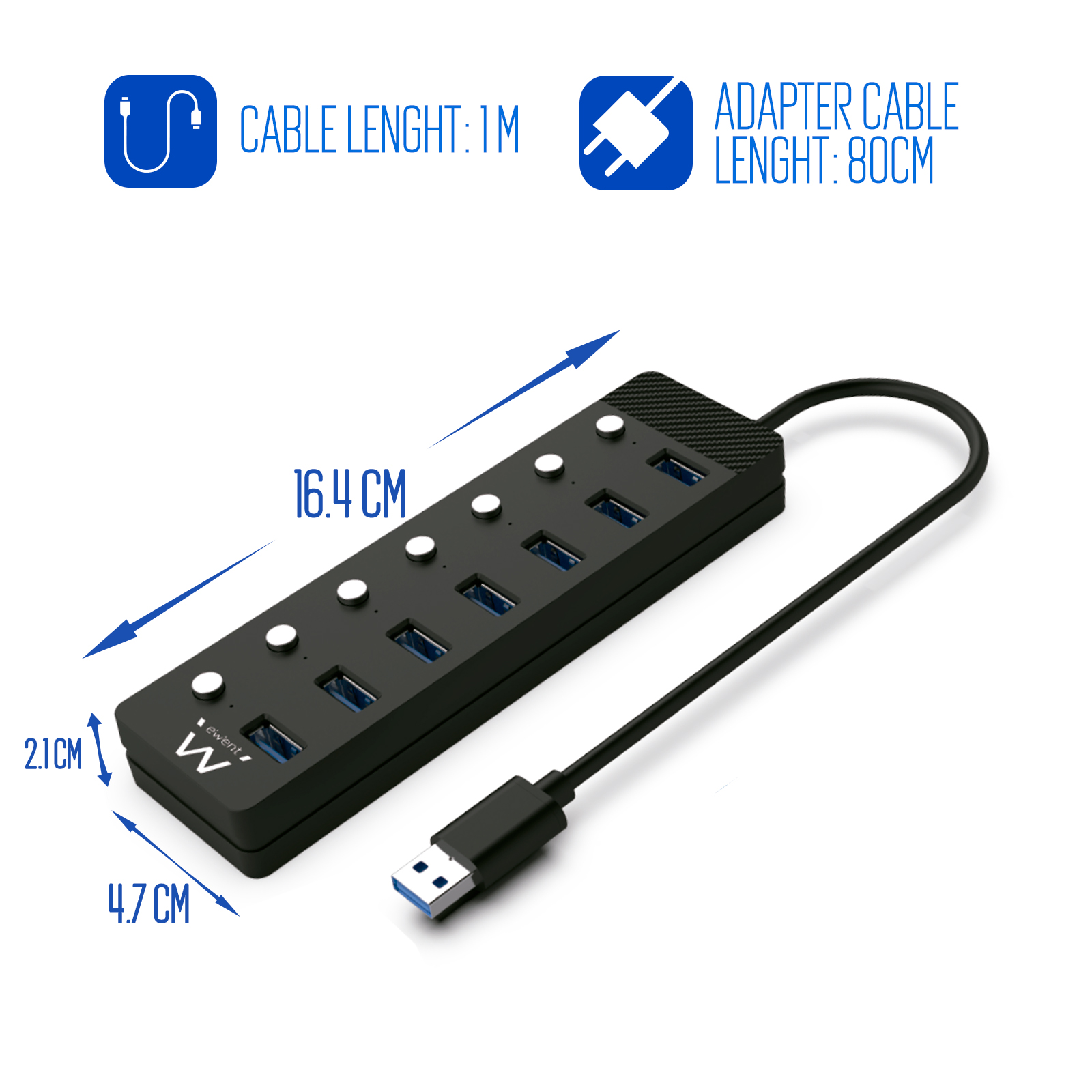 HUB EWENT 7 PUERTOS USB 3.0 + INTERRUPTOR / USB TIPO A + ADAPTADOR USB TIPO C