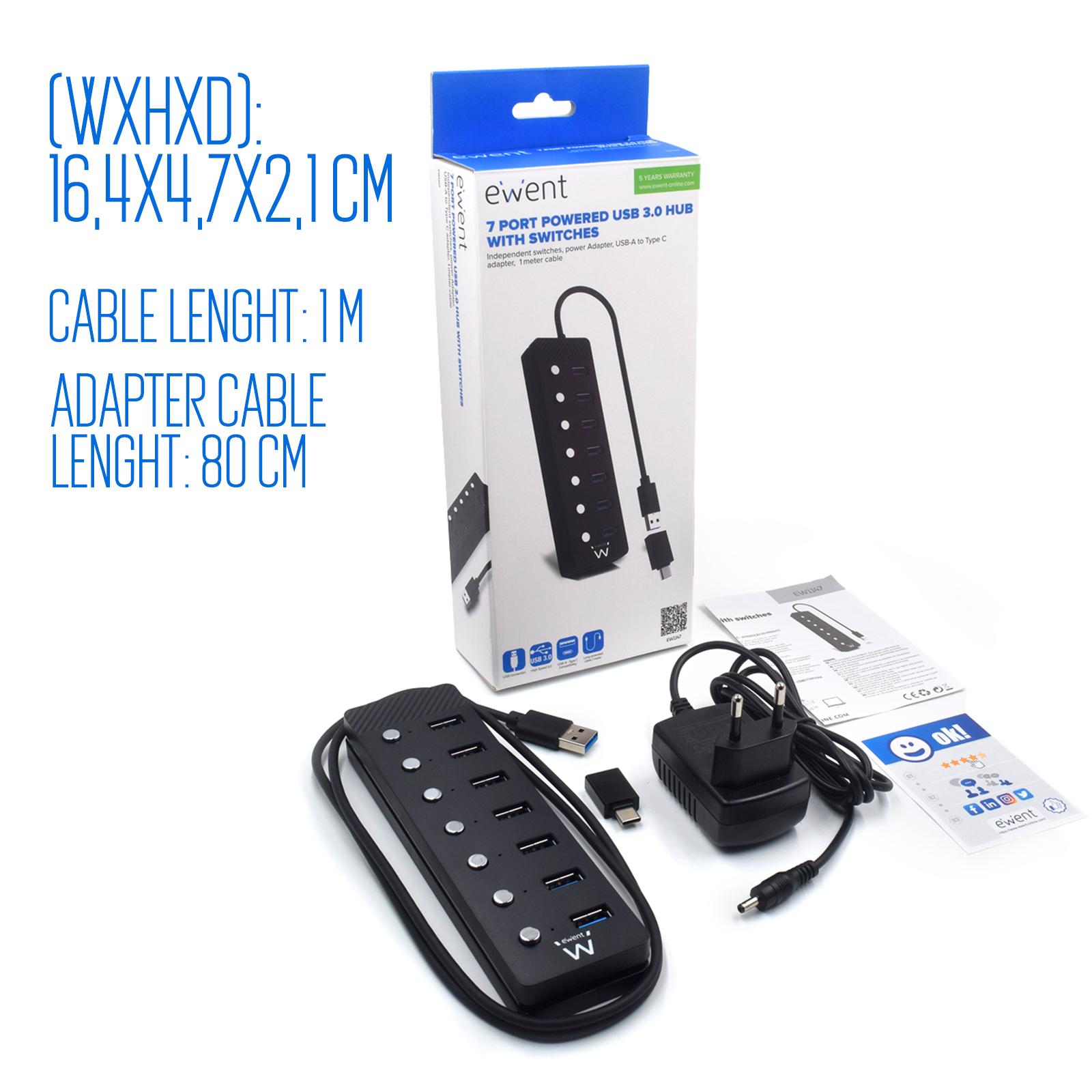 HUB EWENT 7 PUERTOS USB 3.0 + INTERRUPTOR / USB TIPO A + ADAPTADOR USB TIPO C
