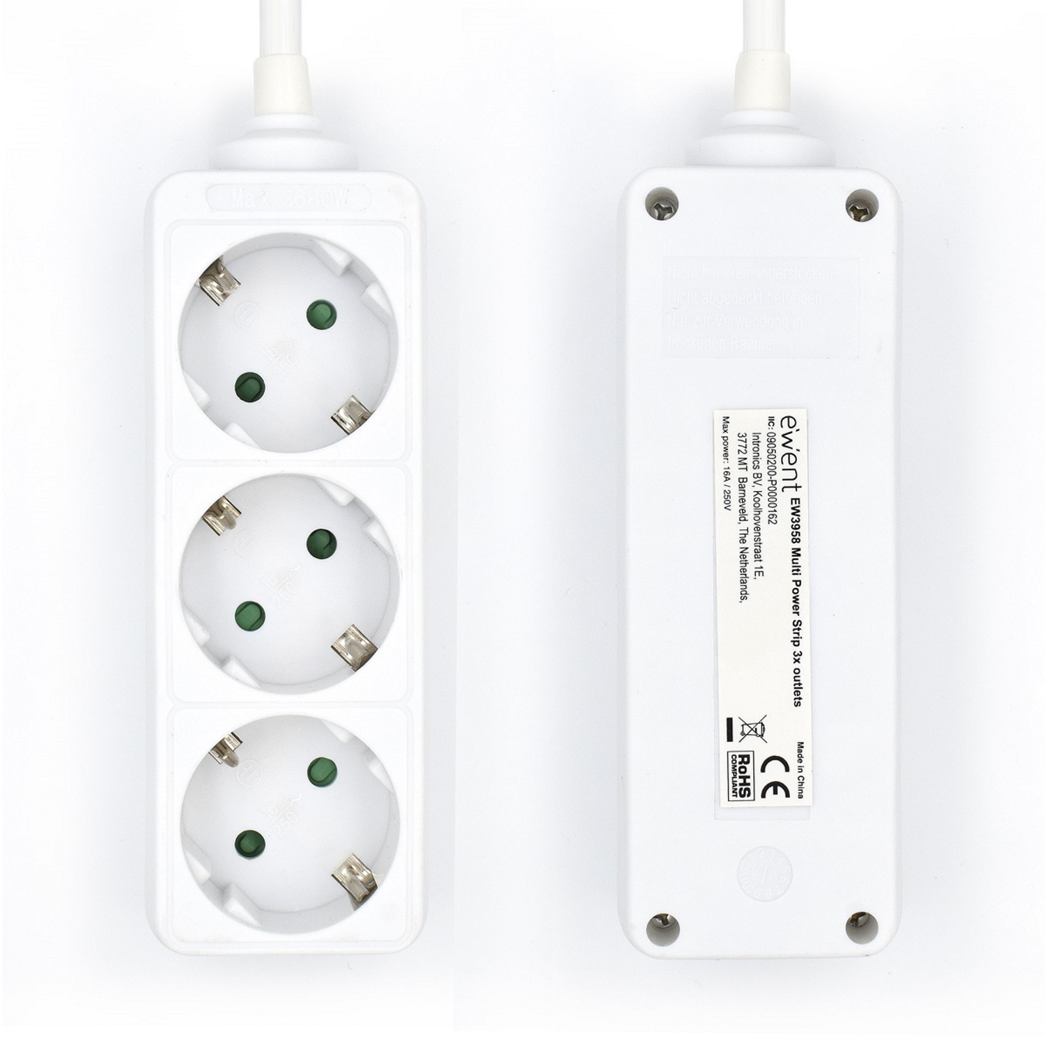 REGLETA EWENT 3 TOMAS SHUCKO Y 1.5 METROS DE CABLE BLANCO