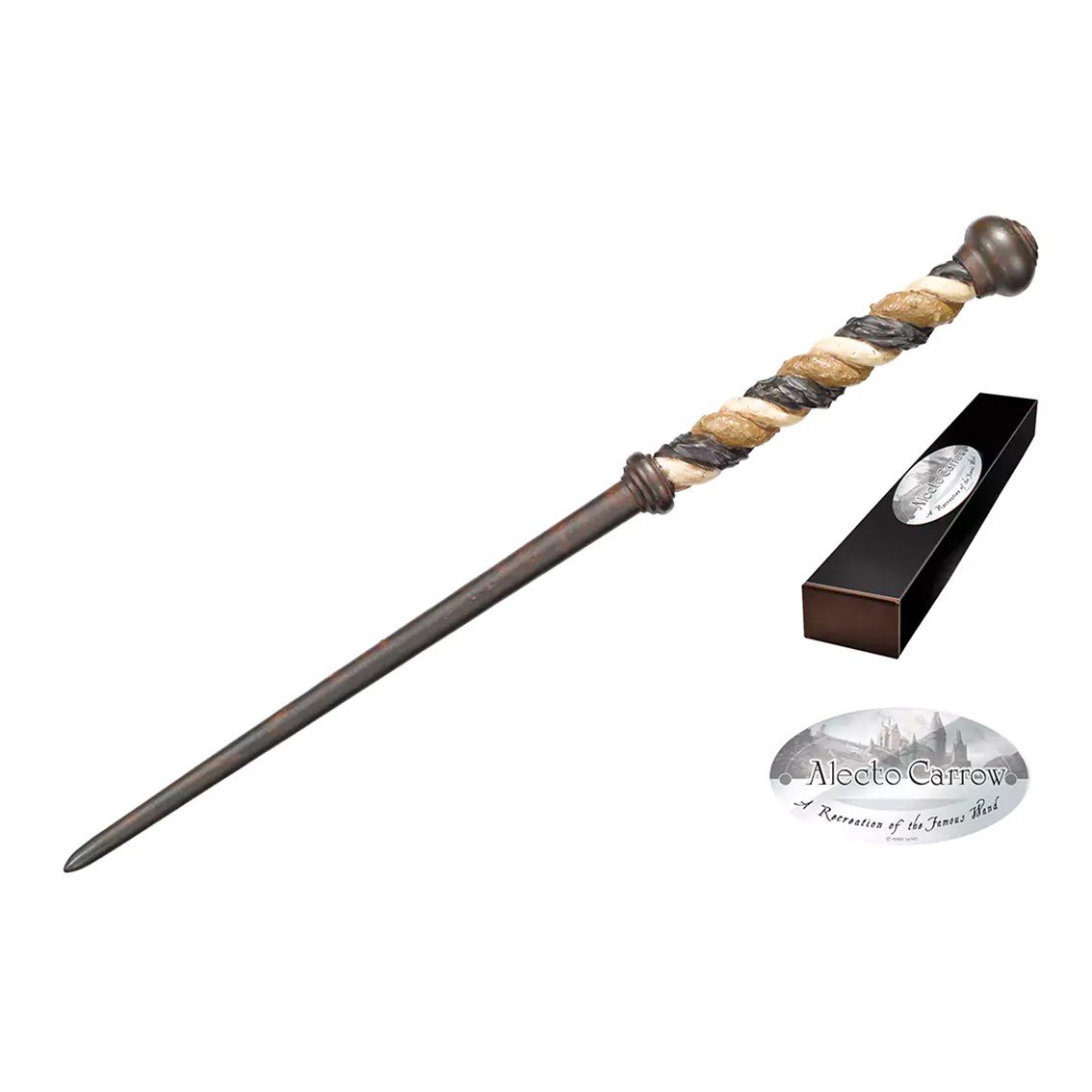 REPLICA THE NOBLE COLLECTION HARRY POTTER ALECTO CARROW VARITA CON CAJA Y PLACA DE IDENTIFICACION