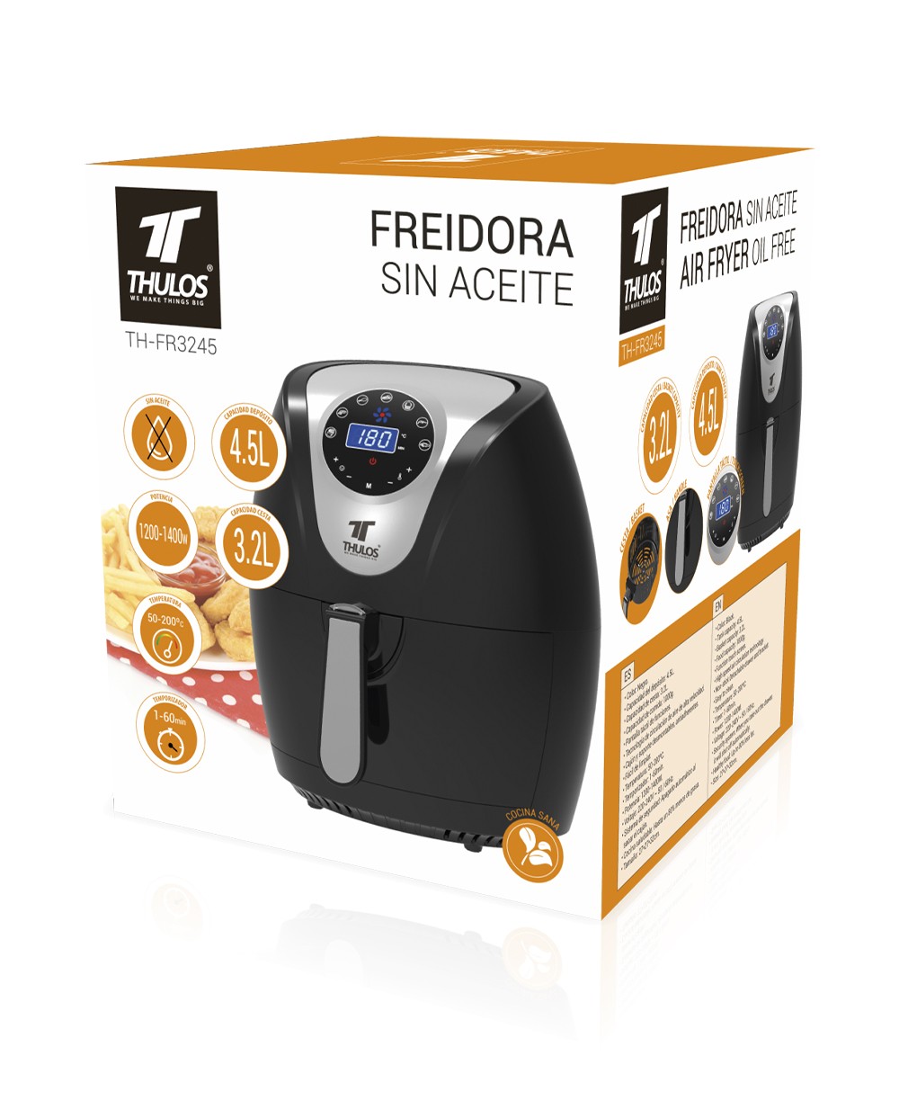 FREIDORA DE AIRE AIRFRYER SIN ACEITE THULOS TH-FR3245 1400W 4.5L CON CESTA 3.2L
