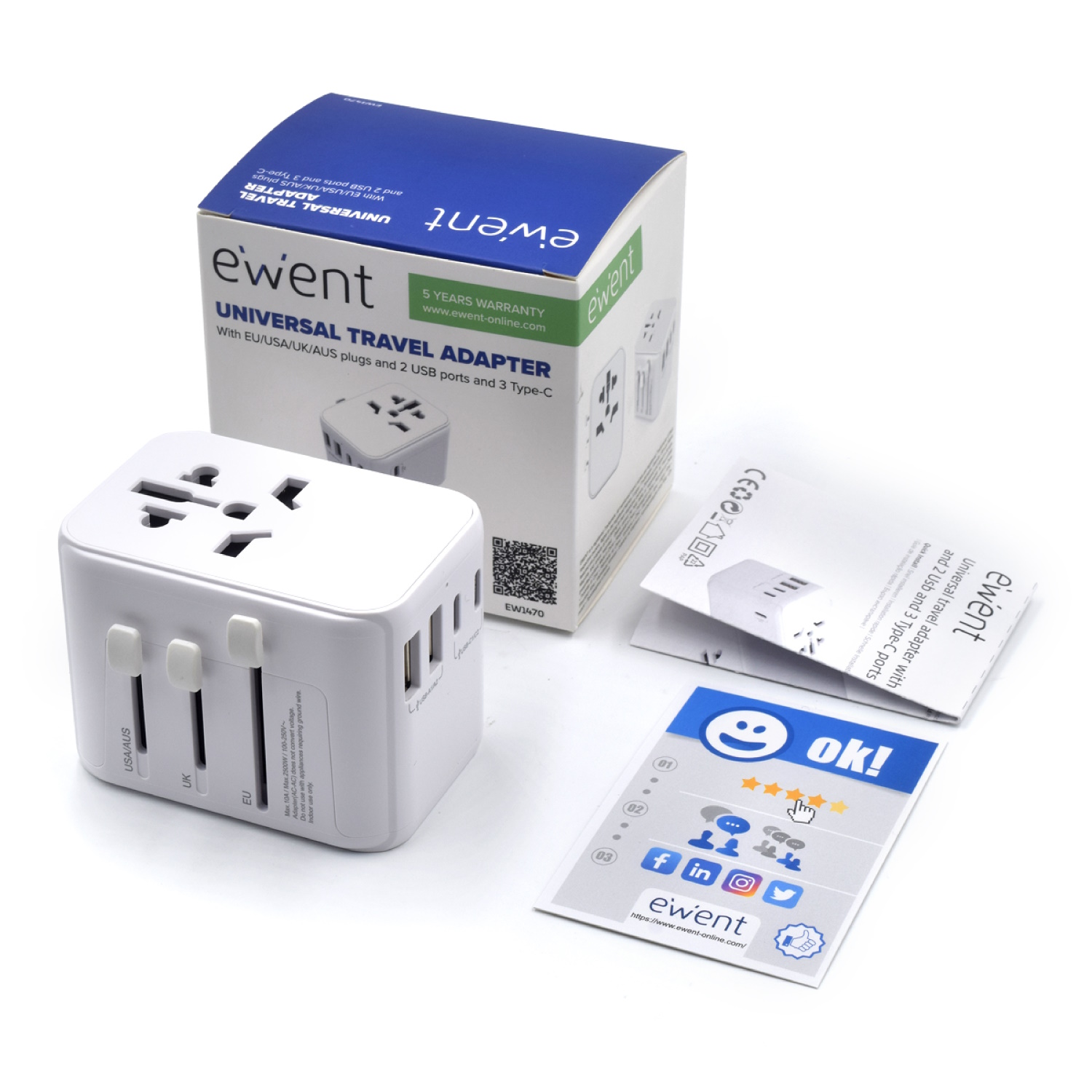 ENCHUFE UNIVERSAL EWENT EW1470 EU/USA/UK/AUS 2 X USB / 3 X USB TIPO C