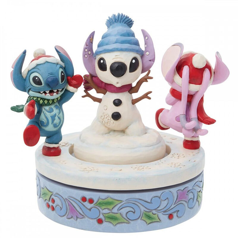 FIGURA DECORATIVA ENESCO DISNEY STITCH Y ANGEL CON MUÑECO DE NIEVE ROTATIVO