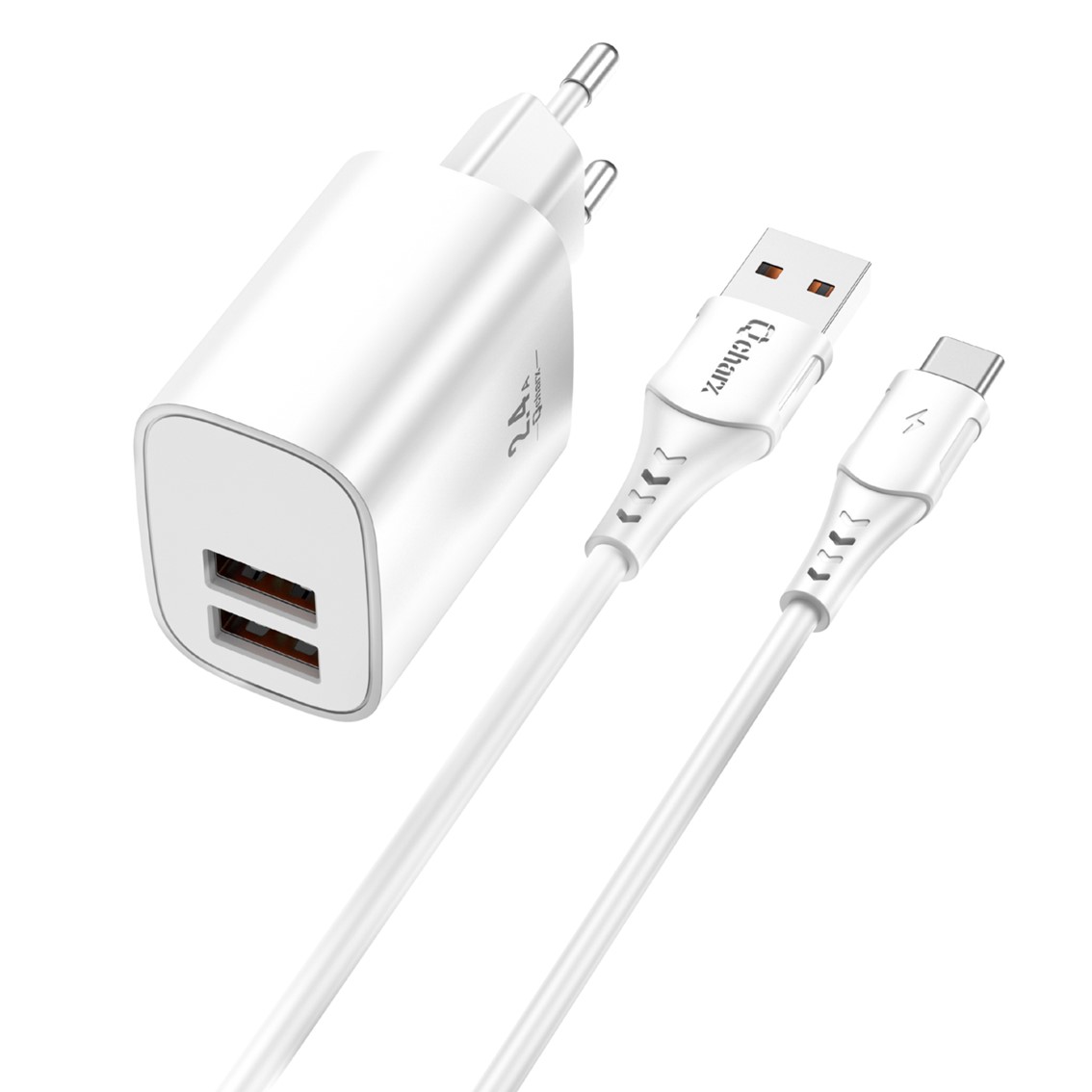 KIT CARGADOR QCHARX APOLO 24A 12W + CABLE USB A TIPO C BLANCO