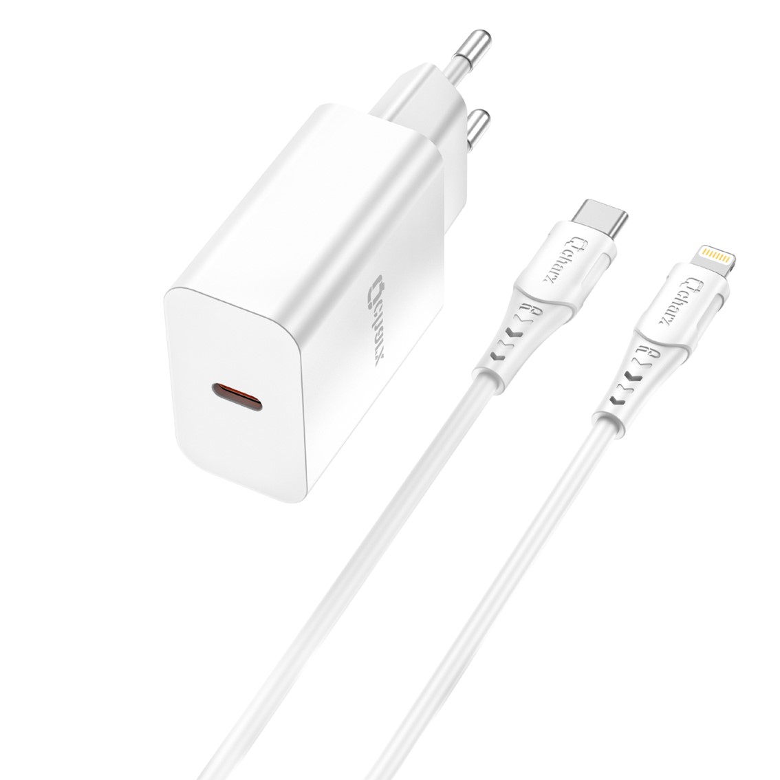 KIT CARGADOR QCHARX CHRONOS 3A 20W + CABLE TIPO C A LIGHTNING BLANCO