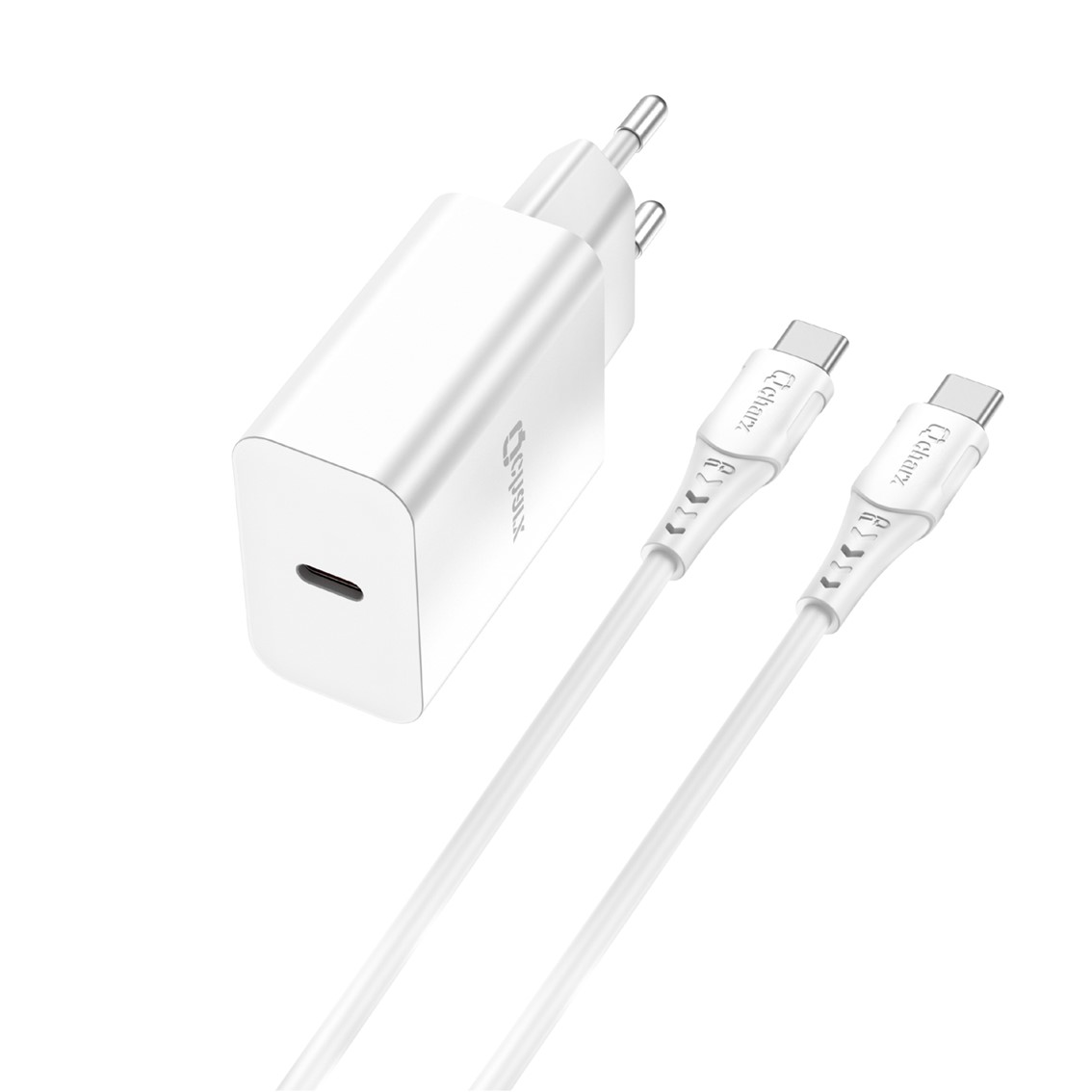 KIT CARGADOR QCHARX CHRONOS 3A 20W PUERTO PD + CABLE TIPO C A TIPO C BLANCO