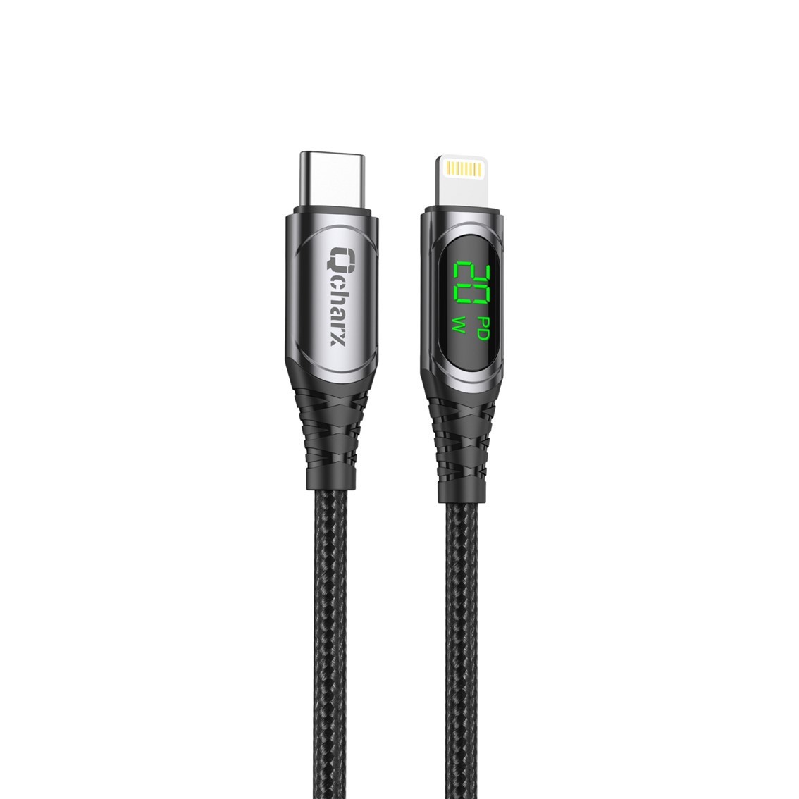 CABLE QCHARX MALLORCA TIPO C A LIGHTNING 3A 20W / 1 M / ALEACIÓN ALUMINIO NEGRO CABLE TELA DIGITAL DISPLAY