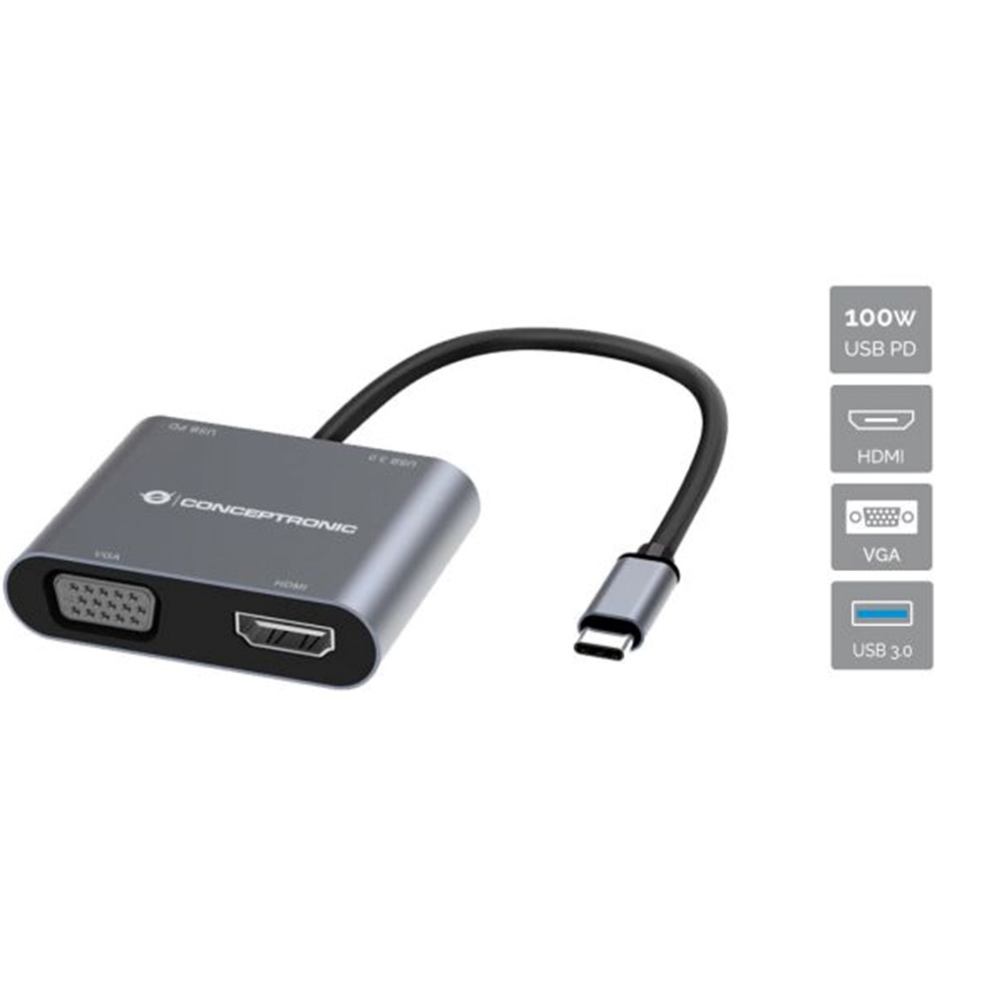 HUB USB TIPO C CONCEPTRONIC DONN16G 1 X HDMI / 1 X VGA / 1 X USB TIPO C / 1 X USB 3.0