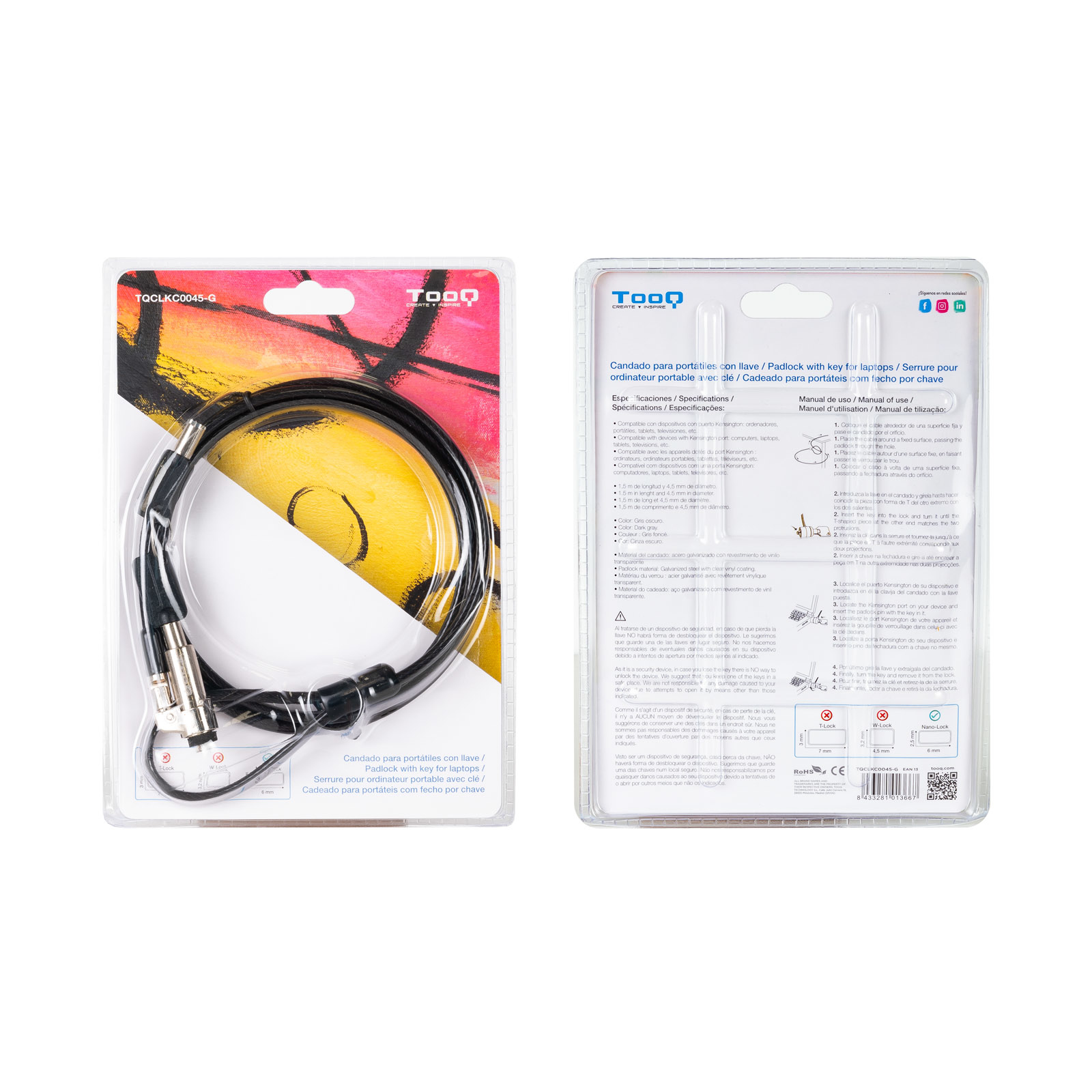 CABLE SEGURIDAD TIPO NANO TOOQ CON LLAVE PARA PORTATIL 1.5M