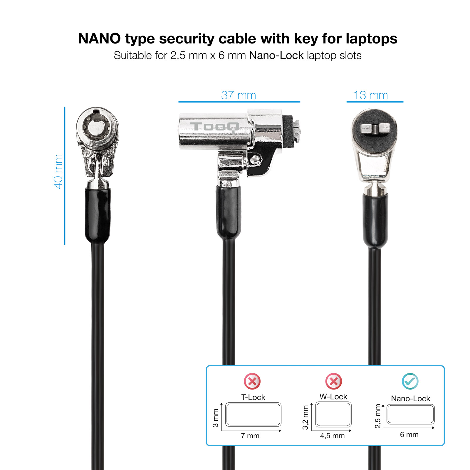 CABLE SEGURIDAD TIPO NANO TOOQ CON LLAVE PARA PORTATIL 1.5M