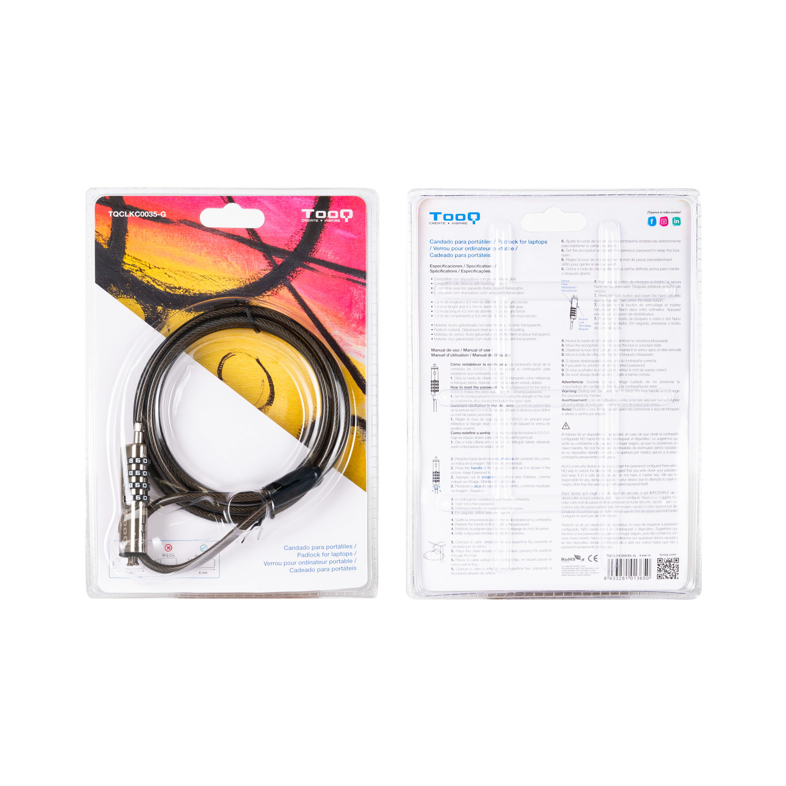 CABLE SEGURIDAD TIPO NANO TOOQ CON COMBINACION PARA PORTATIL 1.5M