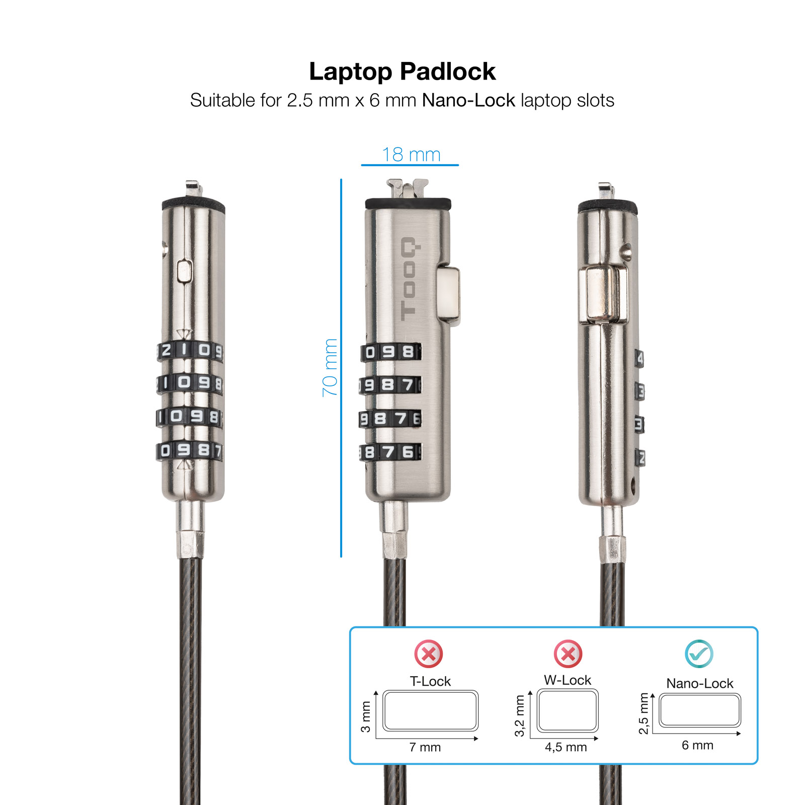CABLE SEGURIDAD TIPO NANO TOOQ CON COMBINACION PARA PORTATIL 1.5M