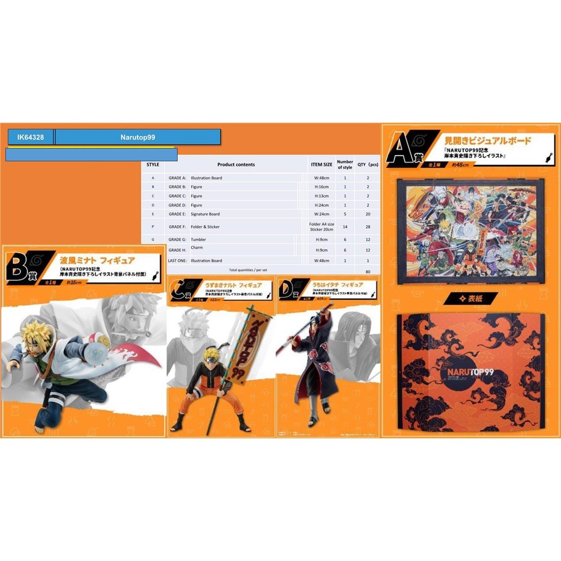 ICHIBAN KUJI BANPRESTO NARUTO TOP 99 LOTE 80 ARTICULOS