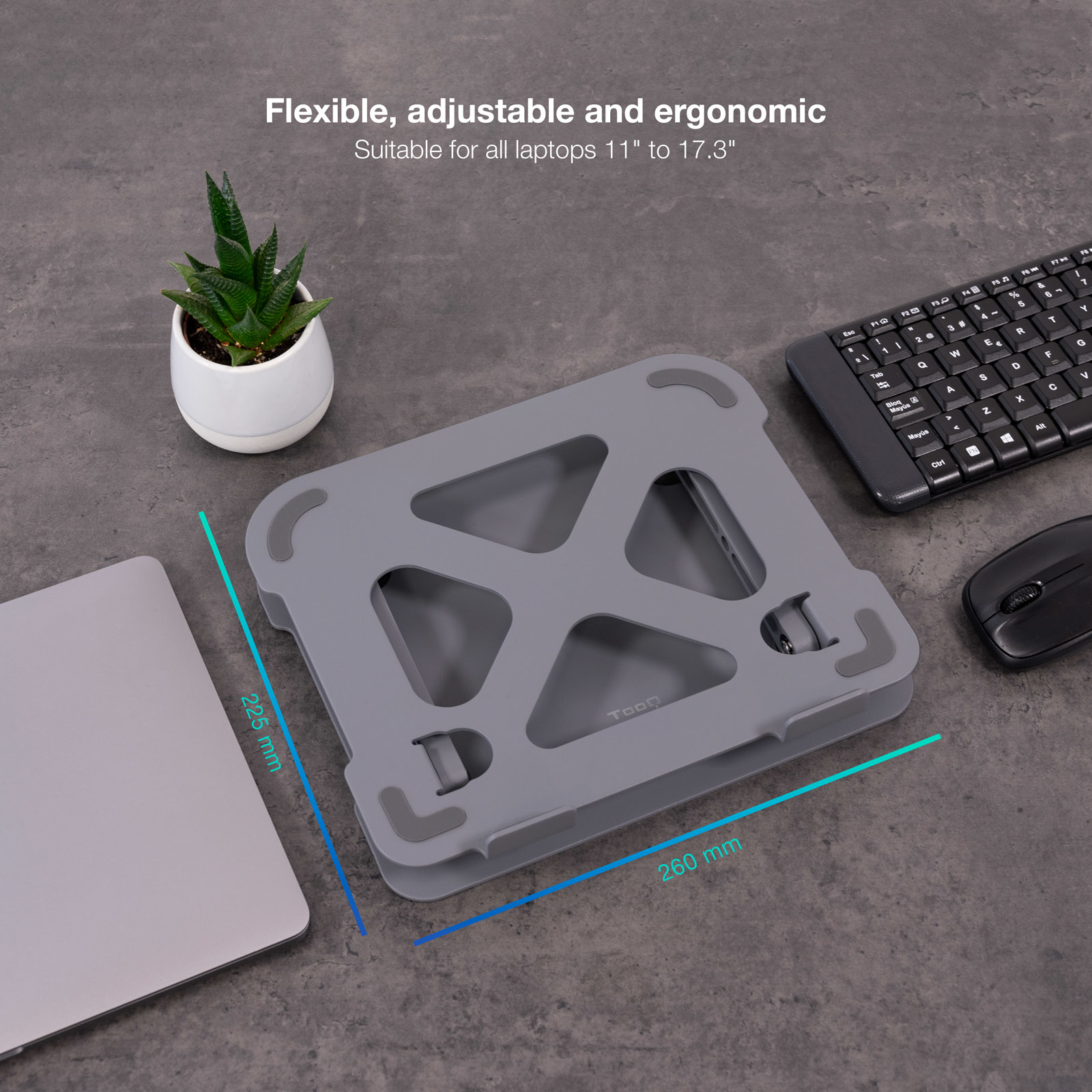 SOPORTE / BASE ELEVADOR TOOQ PARA PORTATIL TABLETS LIBROS ALUMINIO AJUSTABLE ERGONÓMICO GRIS
