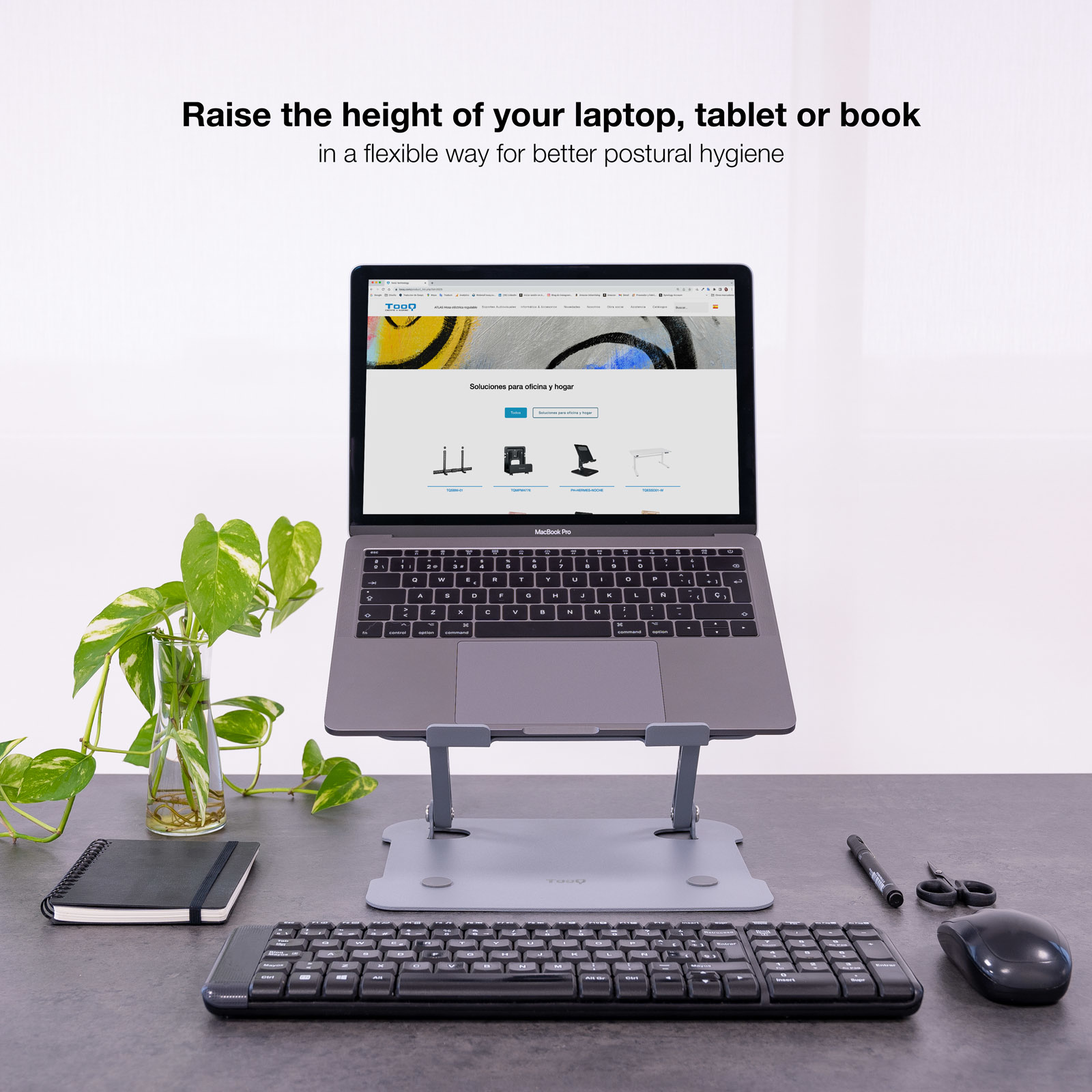 SOPORTE / BASE ELEVADOR TOOQ PARA PORTATIL TABLETS LIBROS ALUMINIO AJUSTABLE ERGONÓMICO GRIS