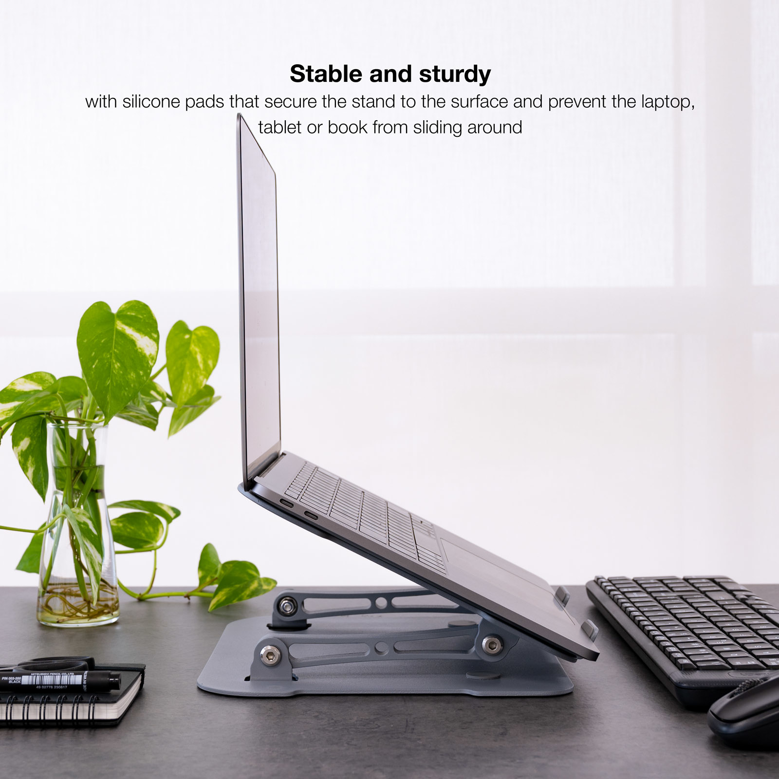 SOPORTE / BASE ELEVADOR TOOQ PARA PORTATIL TABLETS LIBROS ALUMINIO AJUSTABLE ERGONÓMICO GRIS