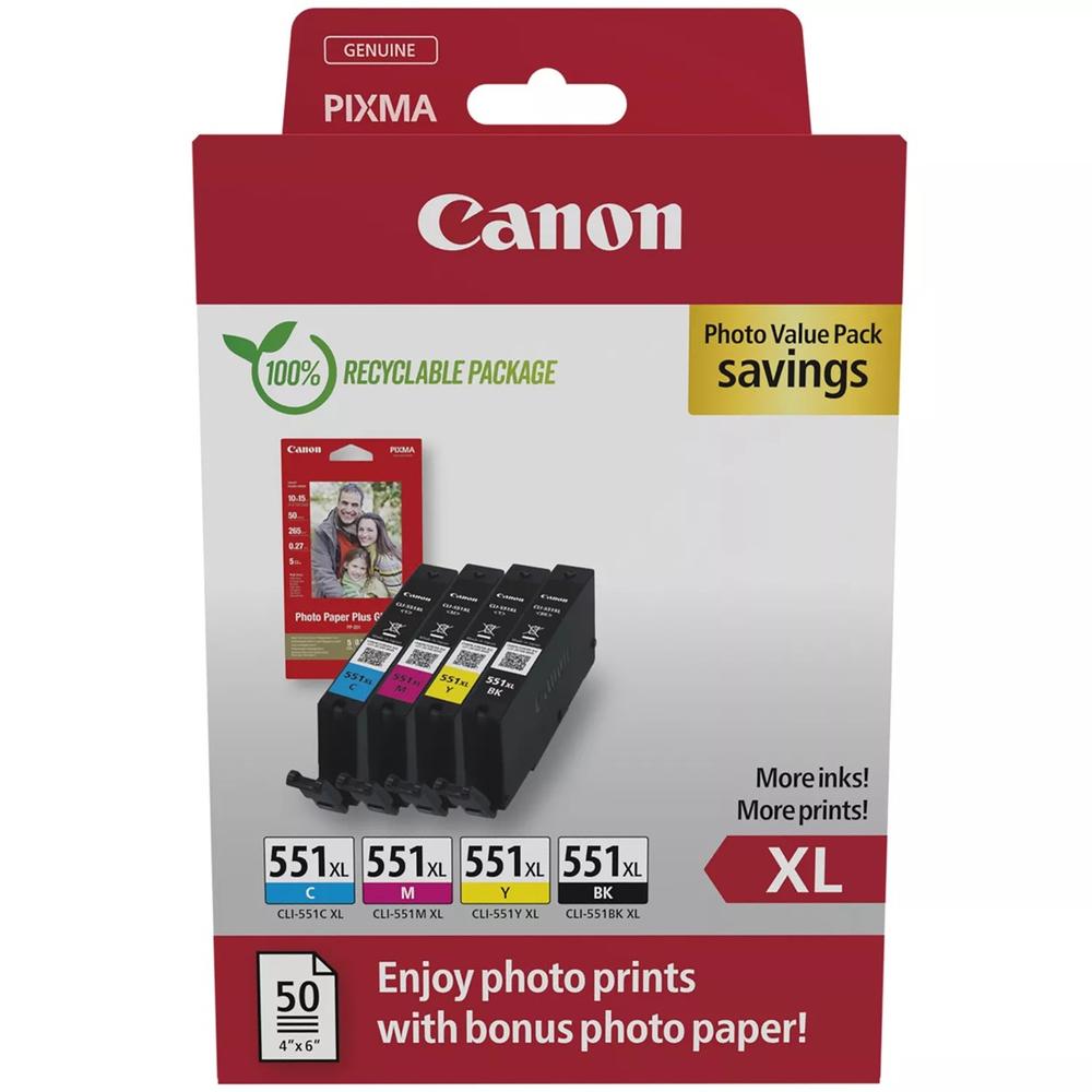 MULTIPACK CANON CLI-551XL B/C/M/Y + 50 HOJAS PAPEL FOTOGRAFICO