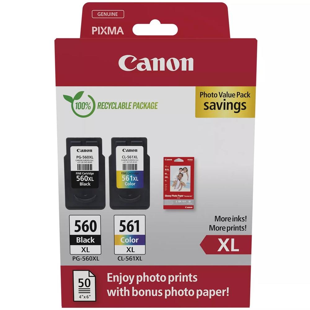 MULTIPACK CANON PG-560XL NEGRO / CL-561XL MULTICOLOR + 50 HOJAS PAPEL FOTOGRAFICO
