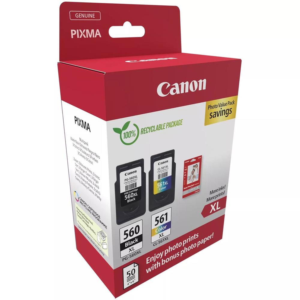 MULTIPACK CANON PG-560XL NEGRO / CL-561XL MULTICOLOR + 50 HOJAS PAPEL FOTOGRAFICO