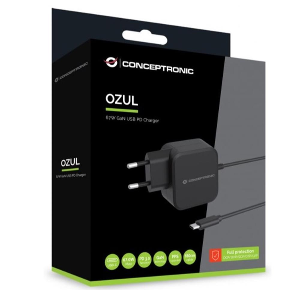 CARGADOR DE PARED USB TIPO C CONCEPTRONIC OZUL04BE PD 3.0 GaN 67W 1.8M