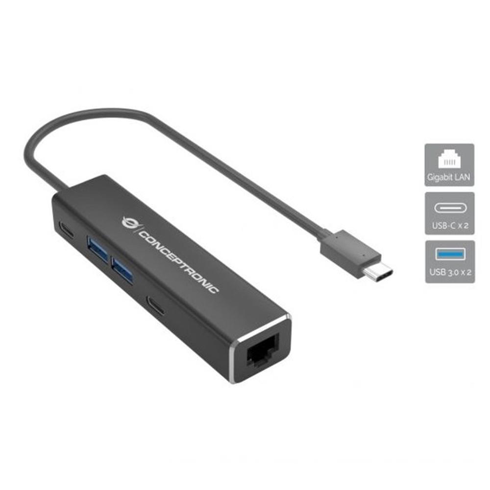 ADAPTADOR USB TIPO C A RJ45 CONCEPTRONIC MACHO-HEMBRA + HUB 4 EN 1